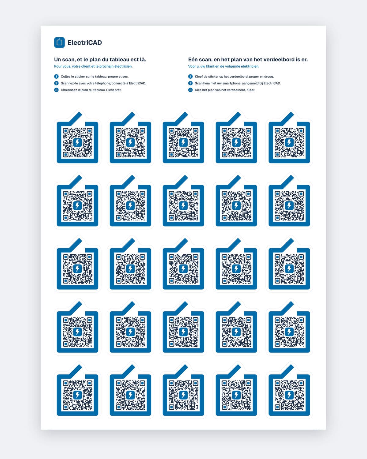 La planche de 25 stickers QR ElectriCAD, avec son mode d'emploi