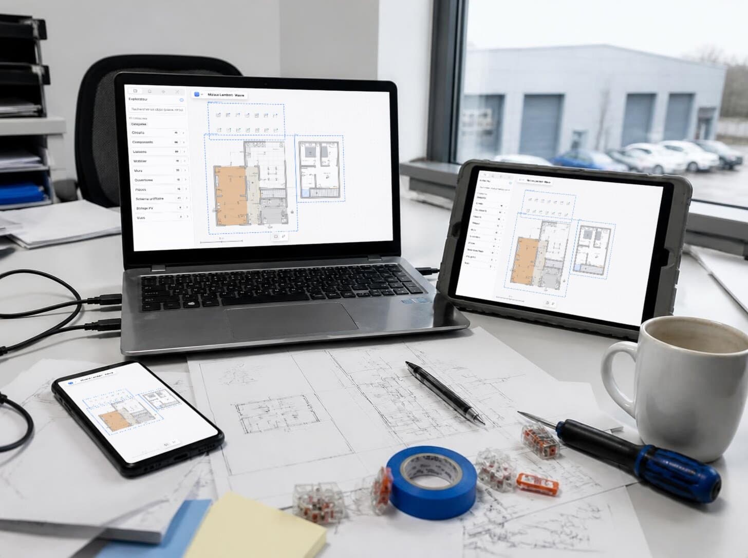 Foto: hetzelfde demoplan open op een laptop, een tablet en een telefoon op een bureau