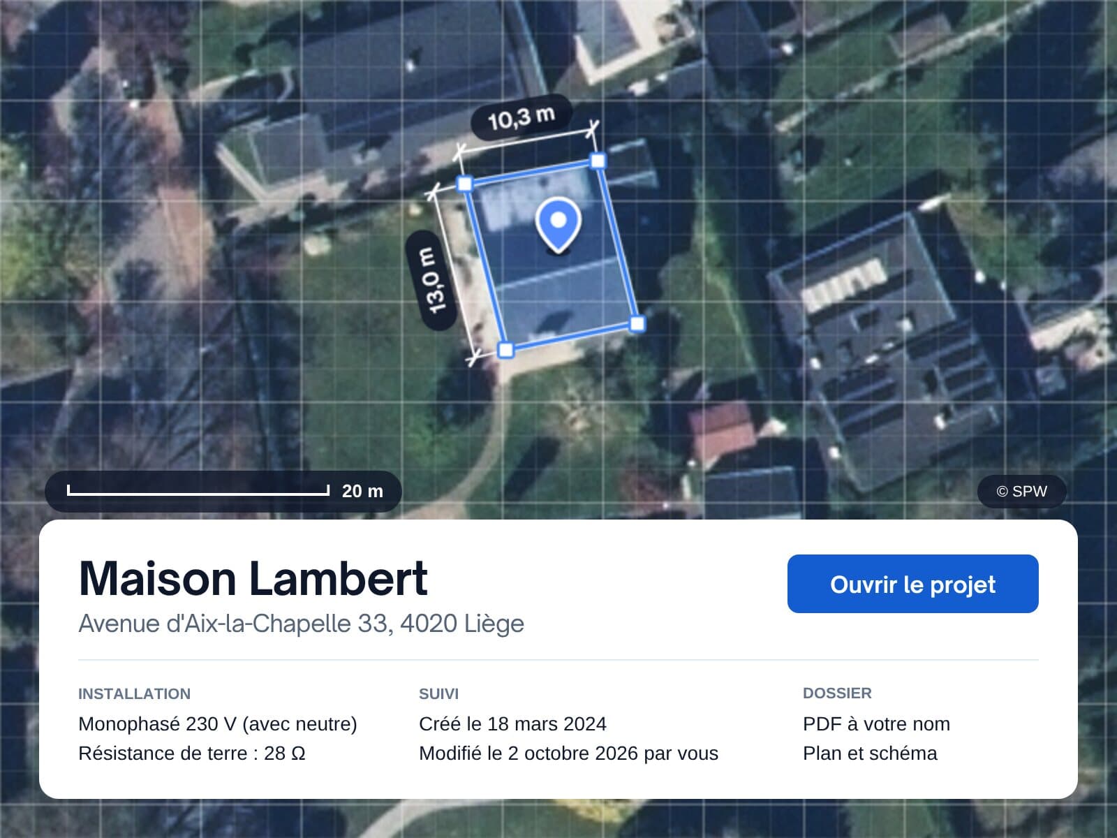 Fiche chantier : vue aérienne de la maison avec son contour et ses cotes, puis l'adresse, l'installation, le suivi et le dossier PDF